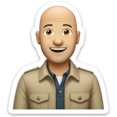 A male tour guide with no hair, friendly smile, sticker