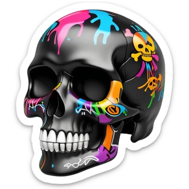 glossy black skull with colorful graffiti designs and fashion logos precisely contained inside the skull contours, three-quarter view sticker