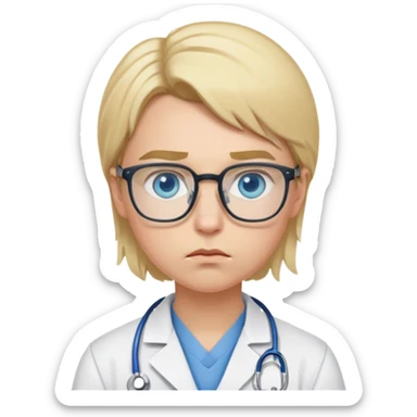 Young doctor with blonde hair, blue eyes, glasses, pouting sticker