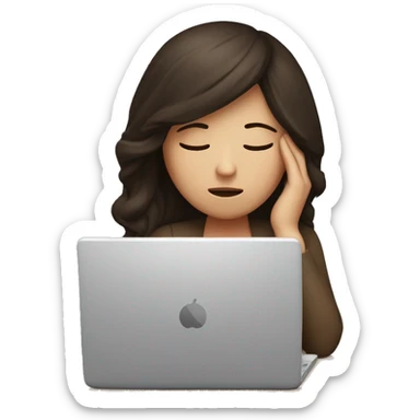 Tired brunette at a laptop with headache sticker