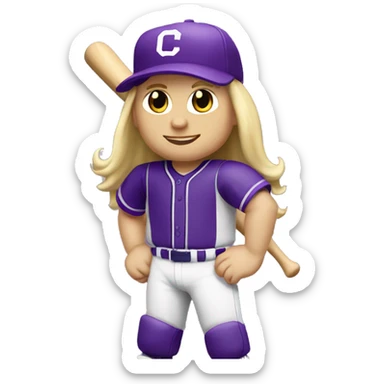 baseball card character. Blonde long straight hair. letter C logo. Purple and white uniform. sticker
