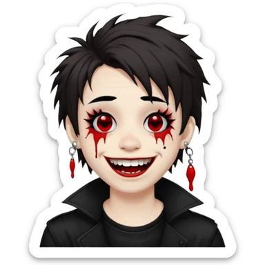 Laughing pale Goth boy with a bunch of face piercings, with shaggy dark brown hair, and messy black eyeliner , smudged, red, lipstick  sticker
