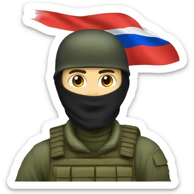 russian soldier with balaclava standing next to russian flag waving sticker