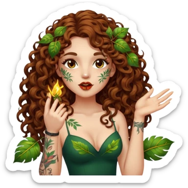 full body view of a woman with long curly brown hair, brown eyes, white skin, tattoos, blowing a glowing kiss made of leaves and sparks sticker