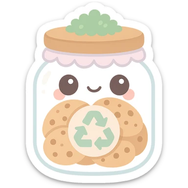 full glass cookie jar with wooden lid, lace trim, moss decoration, recycling symbol on front, filled with cookies, cozy whimsical homey cottagecore style, no text, transparent background sticker