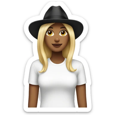 blonde woman wearing an oversized white tshirt and black fedora sticker