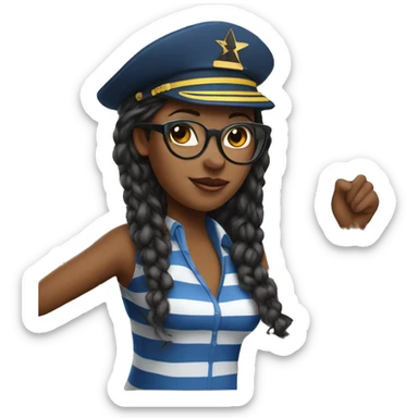 An african american woman at the wheel of a sailboat an bule and white striped shirt with black glasses and a star on her captain's hat. sticker