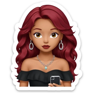 a pretty bratz girl with wavy dark red hair, wearing a black off shoulder top . silver dainty layered necklaces, carrying an iphone sticker