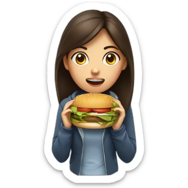 Brunette girl angry from studying decides to eat a burger sticker