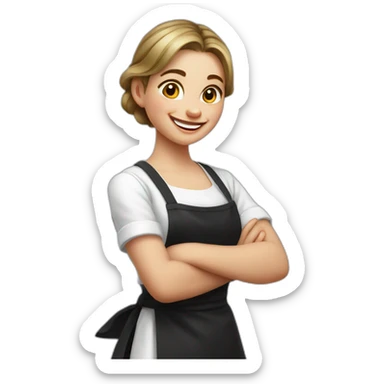 Slavic girl in a white T-shirt and black apron shows class with her thumb and laughs sticker