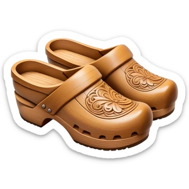 Cinematic Realistic Wooden Clogs Emoji, depicted as a pair of traditionally carved wooden clogs with intricate details and rustic charm. sticker