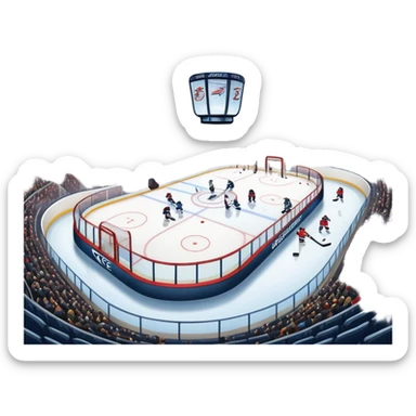 Please, make An icon featuring close-up shots of key hockey equipment: a hockey stick, puck, and skates. The background shows a packed stadium with cheering fans, bright arena lights, and an icy rink. Transparent background highlights the essentials of the game and the thrill of the sport. sticker
