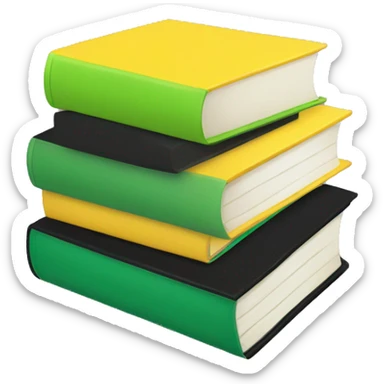 stack of books, one book is green, one yellow, and one black sticker