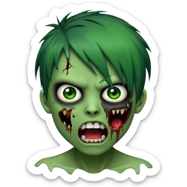  emo zombie black punk hairs green skin with cuts on face and open mouth with fluid coming out of mouth sticker