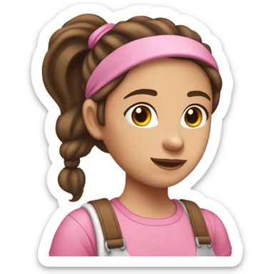 A white skin woman with brown hair in pony tail wearing pink headband, pink t shirt and overalls  sticker