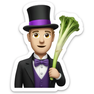 White man wearing a Top Hat with a purple band holding a leek sticker