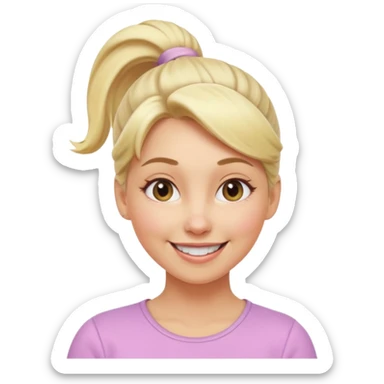 A playful blonde female mature realistic character with wide, mischievous eyes, smiling, ponytail, dynamic pose suggesting movement, pastel colors, minimalistic and cute emoji style. sticker