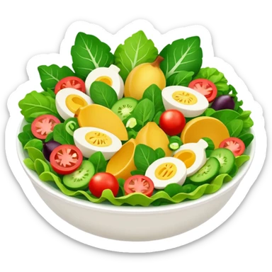 Salad community avatar in clean emoji-style illustration. Classic salads like Olivier and Tashkent, vibrant greens and colorful ingredients, simple shapes, flat design, high contrast, fresh and inviting. sticker