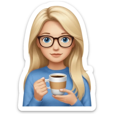 Blonde balayage long hair white women beige sweater blue eyes and small glasses holding coffee sticker