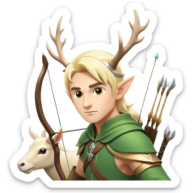 clash-of-clans-aesthetic-blond-male elf-archer-portrait-emoji, rendered in a flat, vector-style with minimal shading and bold holding his bow, simplified shapes, head tilted slightly forward with a determined, focused expression, riding a majestic white stag whose antlers glow with mystical energy, set against an ancient, enchanted forest backdrop. sticker