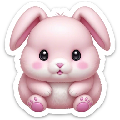 Cinematic adorable pastel pink bunny, chubby cheeks, tiny paws, sparkling round eyes, soft fur with a gentle glow, slightly tilted head, wearing a tiny bow, irresistibly cute and heartwarming. sticker