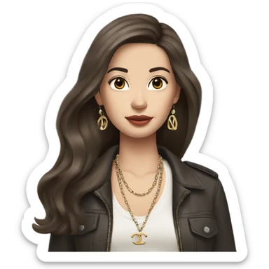 Brunette aisan girl with a blowout hairstyle, has pale skin, with birkin bag Chanel necklace  sticker