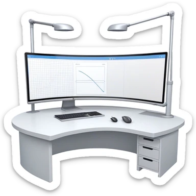 Create an emoji for 3D visualization and modeling. Show a 3D object like room model with grid lines on a big curved monitor. Add a modeling tool a mouse and stylus. Use modern, professional colors. Do not include any emojis or smiley faces. Make the background transparent. sticker