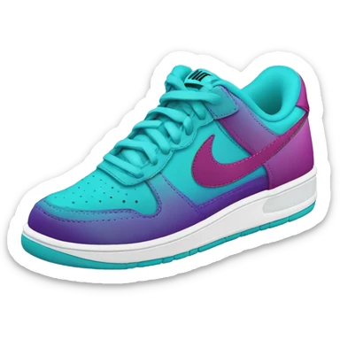 Hyper Realistic top front view of a pair of turquoise,light teal,magenta,and dark purple Nike Sneakers. sticker