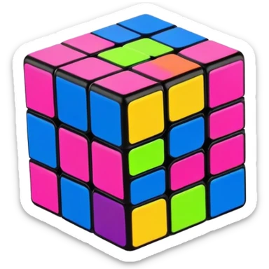 A 3x3 Rubik's Cube with neon bright colors: electric blue, hot pink, neon green, neon yellow, neon orange, bright purple, minimalist iOS emoji style sticker