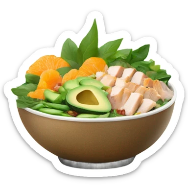 Poke bowl with chicken, avocados, mandarins, cucumbers and green beans; side view sticker