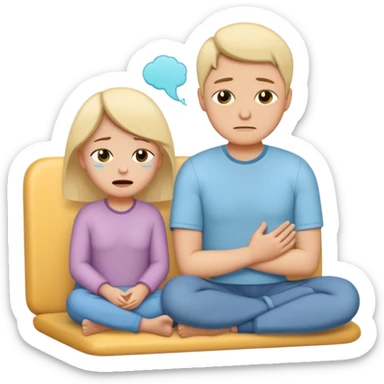 simplified human character crying gently while sitting with a psychologist, therapist showing empathy and support, emotional but safe mood, mental health therapy session, flat custom emoji sticker, soft pastel colors, rounded shapes, minimal details, thick outline, white background, no text sticker