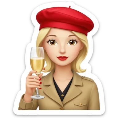Modern French Woman with blonde hair and a Red Beret and drinking champagne from a coup glass sticker