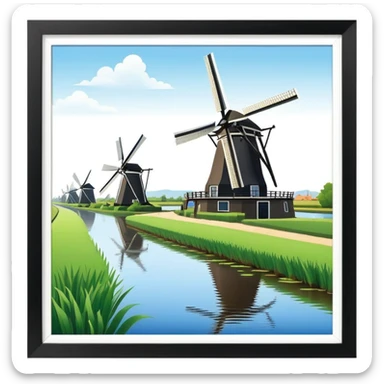 cinematic-realistic-kinderdijk-windmills-landmark-emoji,-showcasing-traditional-dutch-windmills-aligned-along-a-tranquil-canal,-with-lush-green-fields in a picture frame sticker