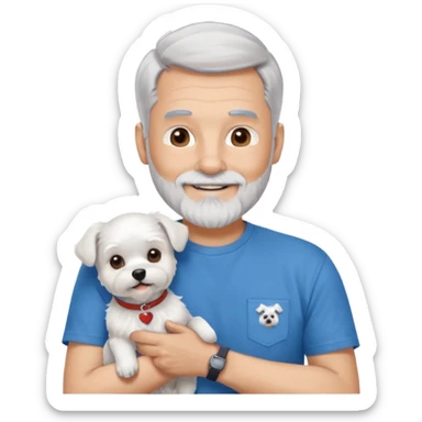 handsome gentleman, 60 years old, silver hair in crew cut style, full beard, wearing a blue t-shirt, smiling and holding a maltese dog sticker