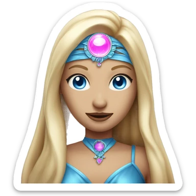 magical diva with thin pink andromedan face long blonde hair and blue eyes glowing third eye sticker