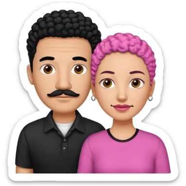 A picture if a couple, the man is a Mexican man with really short almost bald black hair and a trimmed mustache, a black shirt on. the woman is mixed with black and white, with curly hair and a pink shirt on sticker