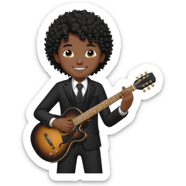 A boy with black fade curly hair Smiling and holdijg a guitar in a black suit  sticker