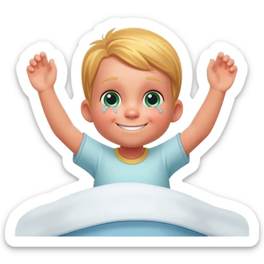 3 year old blonde boy with green-blueish eyes waking up from bed, raising both arms up. No tears. No scared face, he looks sad! Make the boy smile. DO NOT ADD TEARS sticker