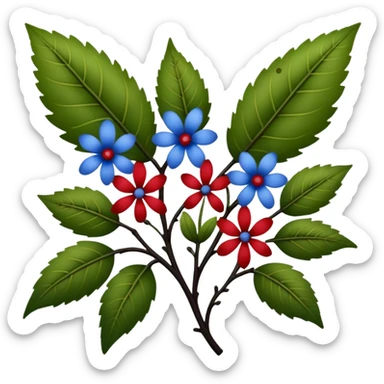 dull green leaves & red & blue flowers filigree design, small fruits, ebony branches, extremely detailed, complex design sticker