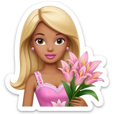 Brown skin blonde hair barbie with baby pink lily bouquet  sticker
