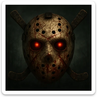 A horror-themed hockey emoji, terrifying and disturbing, with visual cues from Resident Evil and Silent Hill, in a scary, first-person shooter gaming style. sticker