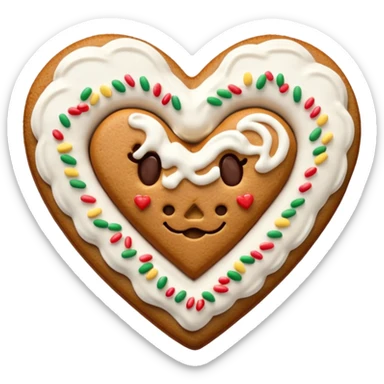 two gingerbread heart cookies with white holiday icing sticker