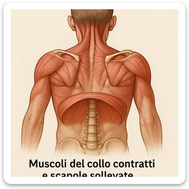 vista posteriore con muscoli del collo contratti e scapole sollevate, diaframma bloccato in evidenza, didascalia in italiano sticker