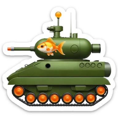 goldfish in a green military tank, visible in the hatch, iOS emoji style sticker