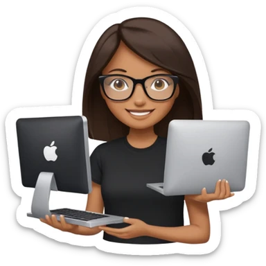 woman with tan skin, long straight dark-brown hair and glasses, smiling and holding mac computer, wearing black t shirt sticker