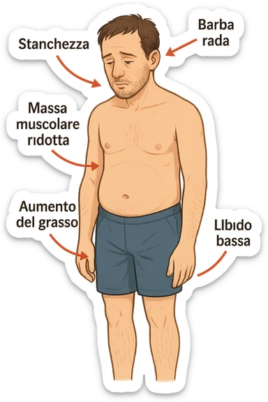 un uomo adulto in piedi, con postura stanca e muscolatura ridotta. Attorno al corpo, frecce rosse puntano verso zone chiave come viso (barba rada), torace (massa muscolare ridotta), addome (aumento del grasso), e area pelvica (libido bassa). Accanto a ogni freccia, etichette in italiano: “Stanchezza”, “Massa muscolare ridotta”, “Aumento del grasso”, “Libido bassa”, “Barba rada”. Sfondo bianco, stile educativo e chiaro. sticker
