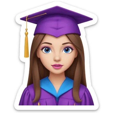 girl with gorgeous long brown hair, blue eyes, long lashes makeup, sexy pink lips, wearing a purple and pink graduation cap and gown sticker