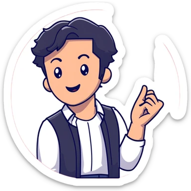 Management educator with black wavy hair, stubble, strong features, white skin, smart casual attire, presenting a powerful TED talk about business innovation, animated speaking pose on iconic red circle stage, innovation-themed visuals sticker