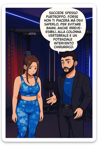 fai questa immagine in versione manga/webtoon a colori, il manga mostra l'uomo che risponde alla donne:
Succede spesso purtroppo. 
Forse non ti piacerà ma devi saperlo, per evitare danni, anche irreversibili, alla colonna vertebrale e un potenziale intervento chirurgico. sticker