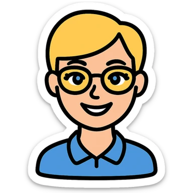 blonde teacher with pixie haircut, gold glasses, blue eyes, big eyelashes, nice smile icon-color-outlined style sticker